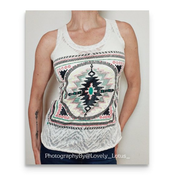 Western Aztec Tank Top Semi Sheer Burnout Graphic Print Tank Top - Picture 3 of 11